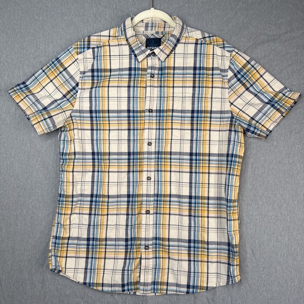 Prana Shirt Adult Large Yellow Plaid Short Sleeve Logo Outdoor Hiking Preppy Men